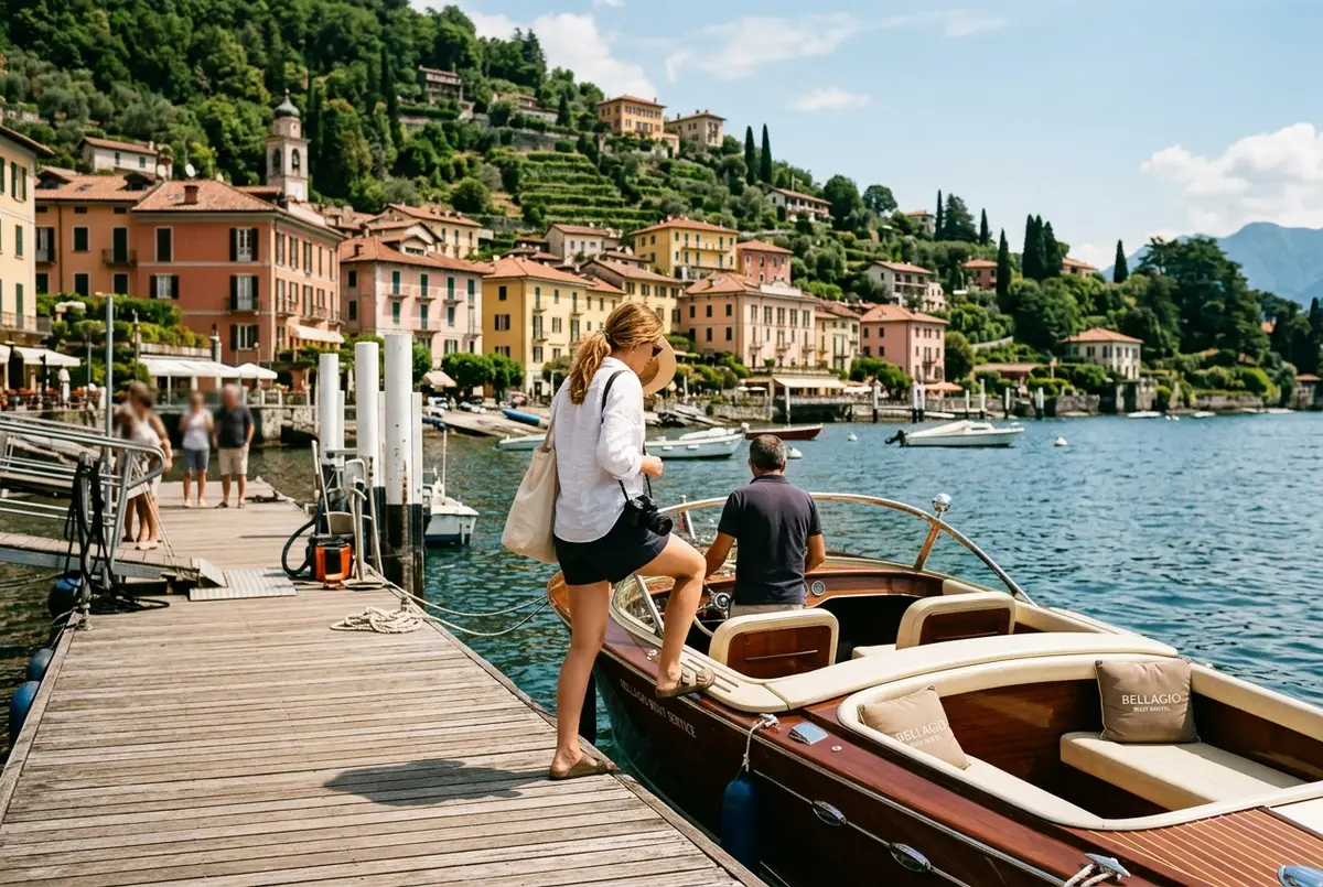 traveler boarding a bellagio boat rental speedboat at a small lakeside dock with pastel buildings and green hills behind them at midday