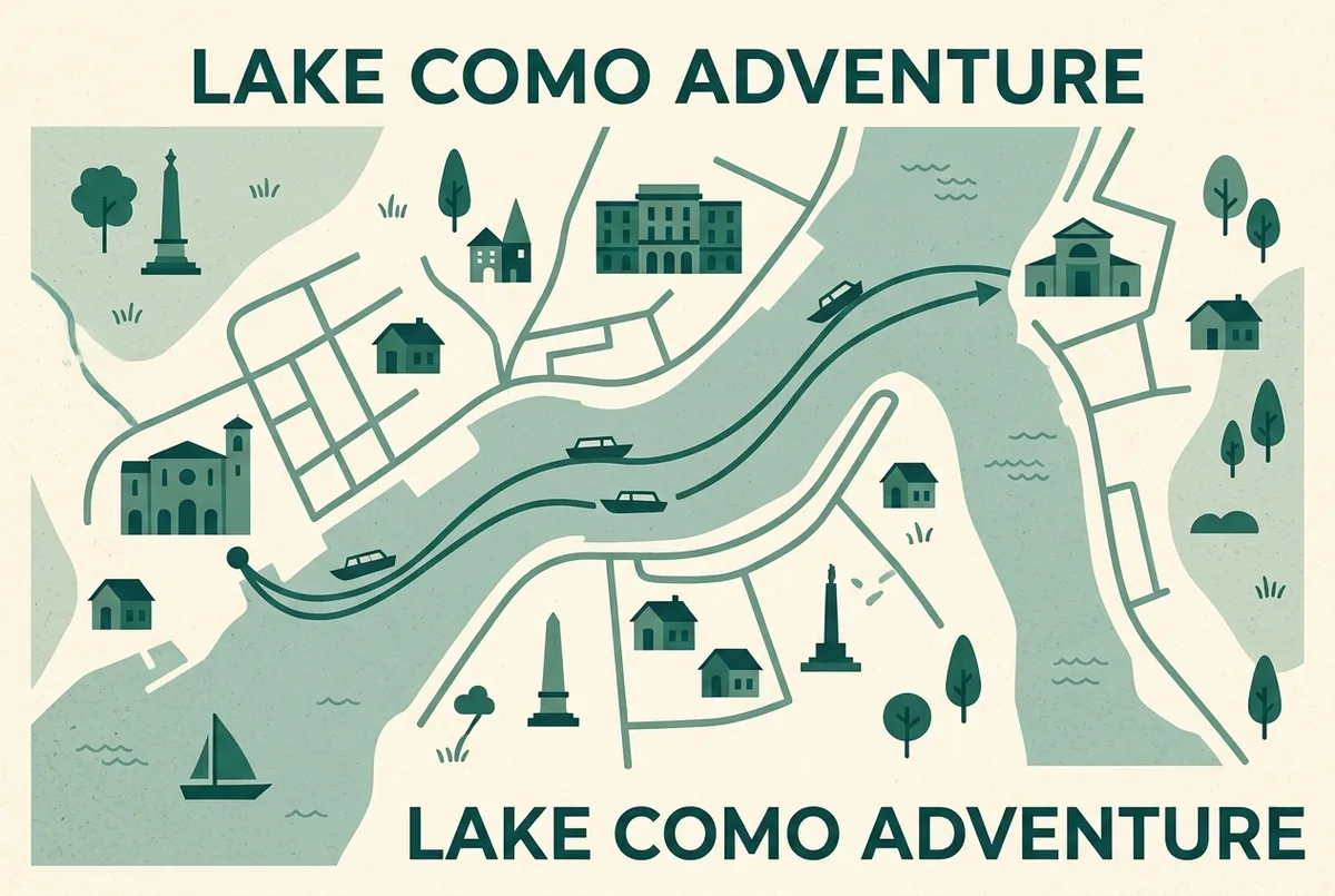 Map-style graphic showing a bellagio boat rental route toward villa del balbianello and varenna with simple boat icons and generic place labels only