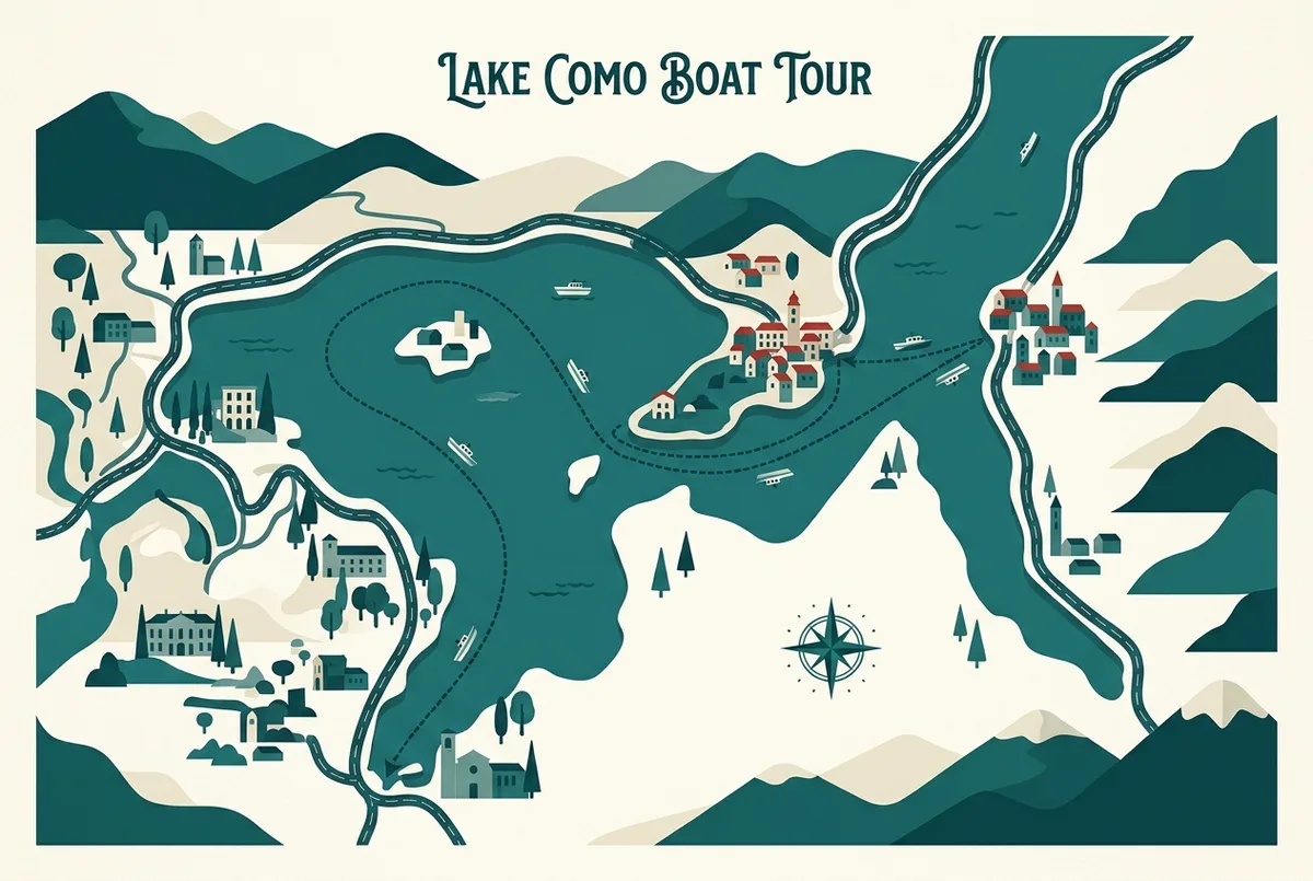 Mapa il·lustrat senzill del Llac de Como amb icones genèriques marcant Como, Bellagio i Varenna al llarg de la riba, amb una línia de ruta de vaixell connectant els tres punts