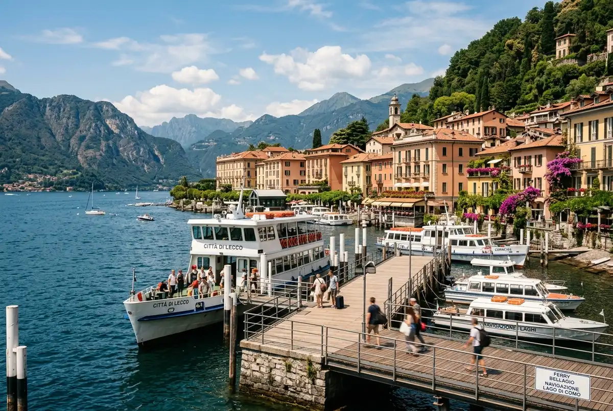 wide view of the bellagio italy ferry terminal pier with several boats docked and pastel lakefront buildings climbing the hillside behind at midday