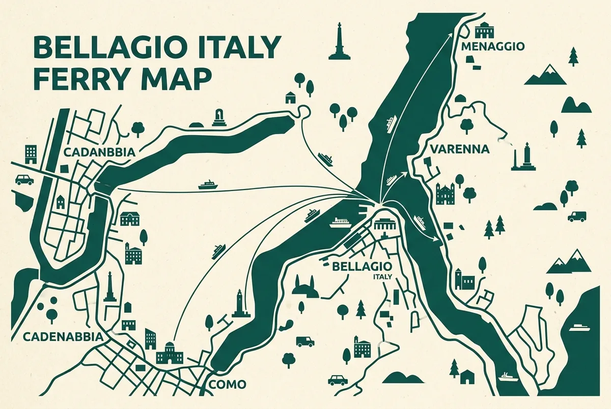 Map-style graphic of ferry routes radiating from the bellagio italy ferry terminal toward como, varenna, menaggio and cadenabbia, with simple boat icons and generic place labels only