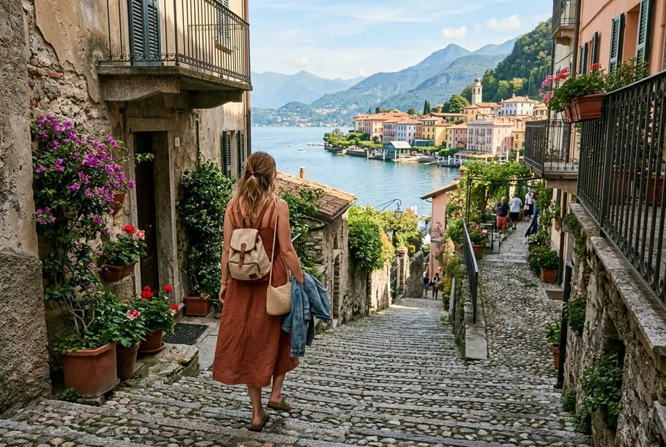 voyageuse montant les ruelles pavées en escalier de Bellagio avec vue sur le lac de Côme et les villas pastel en fin de matinée