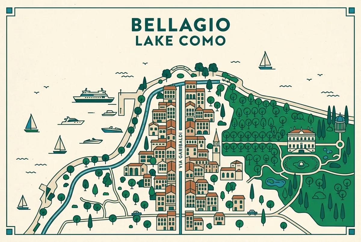 carte illustrée de Bellagio situant le port, la rue principale Via Garibaldi et la Villa Melzi, étiquettes de lieux génériques uniquement