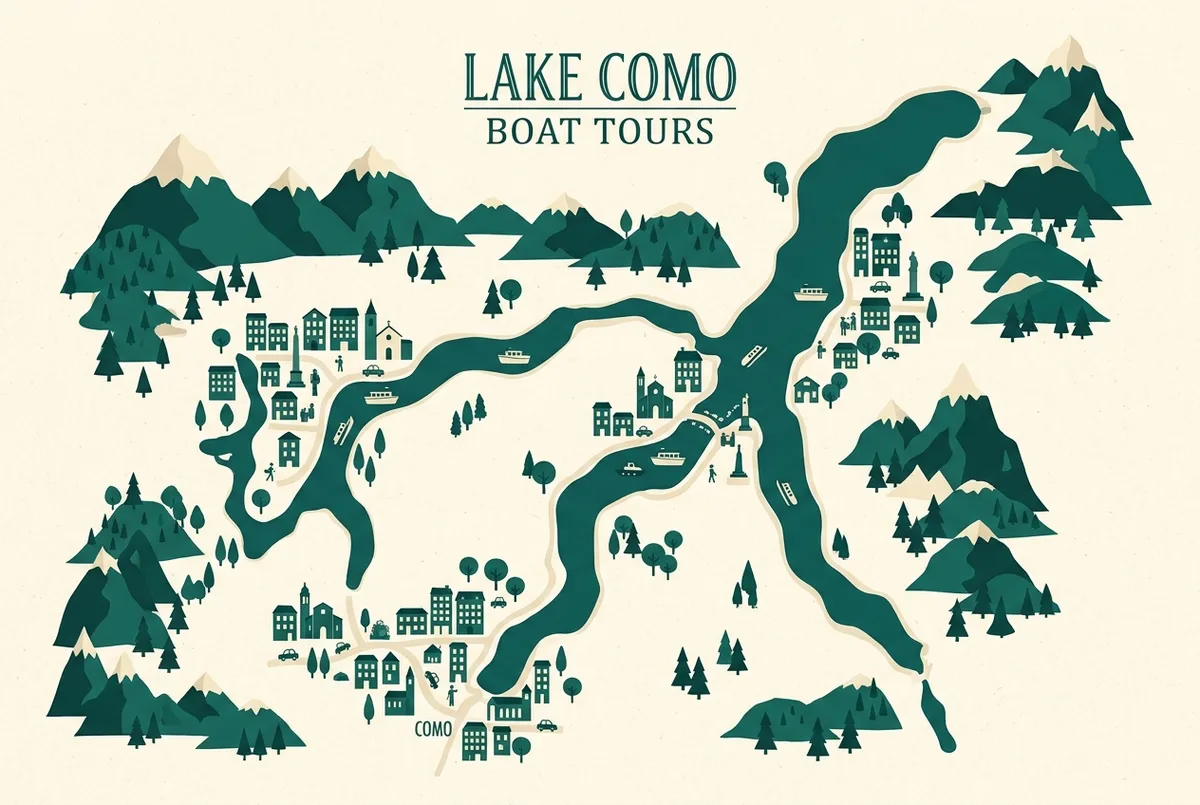 map-style infographic of lake como marking como, bellagio, varenna and menaggio as the four best lake como boat tour departure towns, generic place labels only