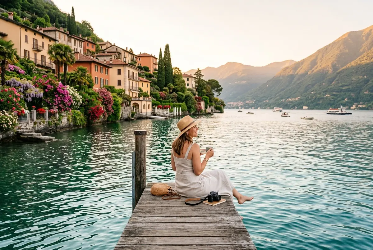 traveler enjoying lake como in early summer on a wooden pier in varenna with blooming gardens and calm water at golden hour