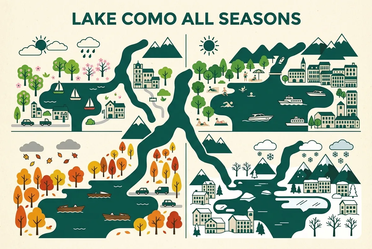 infographic-style graphic showing lake como across the four seasons with generic month labels and simple weather icons only