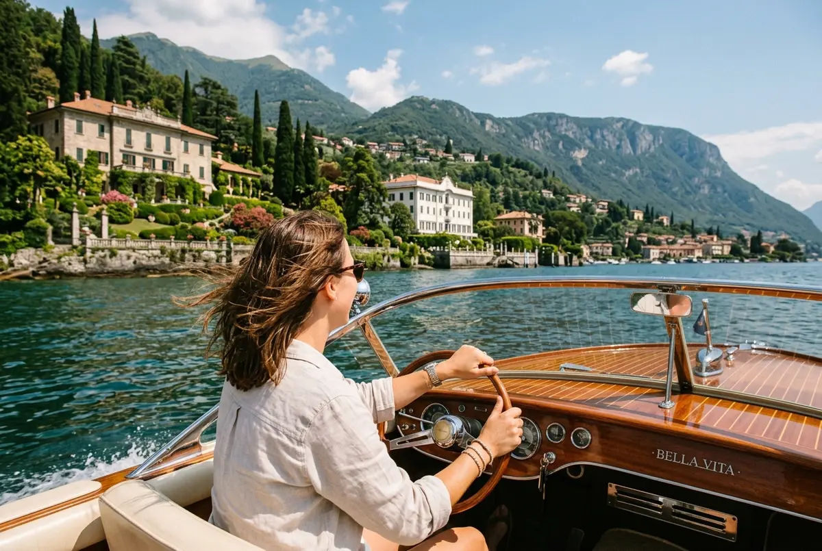 traveler at the wheel of a lake como boat rental speedboat passing lakeside villas with mountains in the background at midday