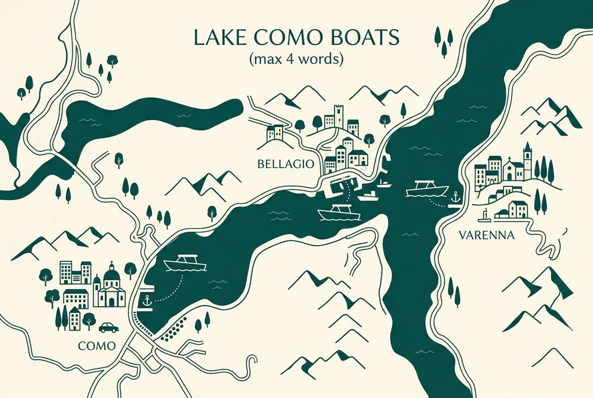 Map-style graphic showing lake como boat rental pickup points in como, bellagio and varenna with simple boat icons and generic place labels only