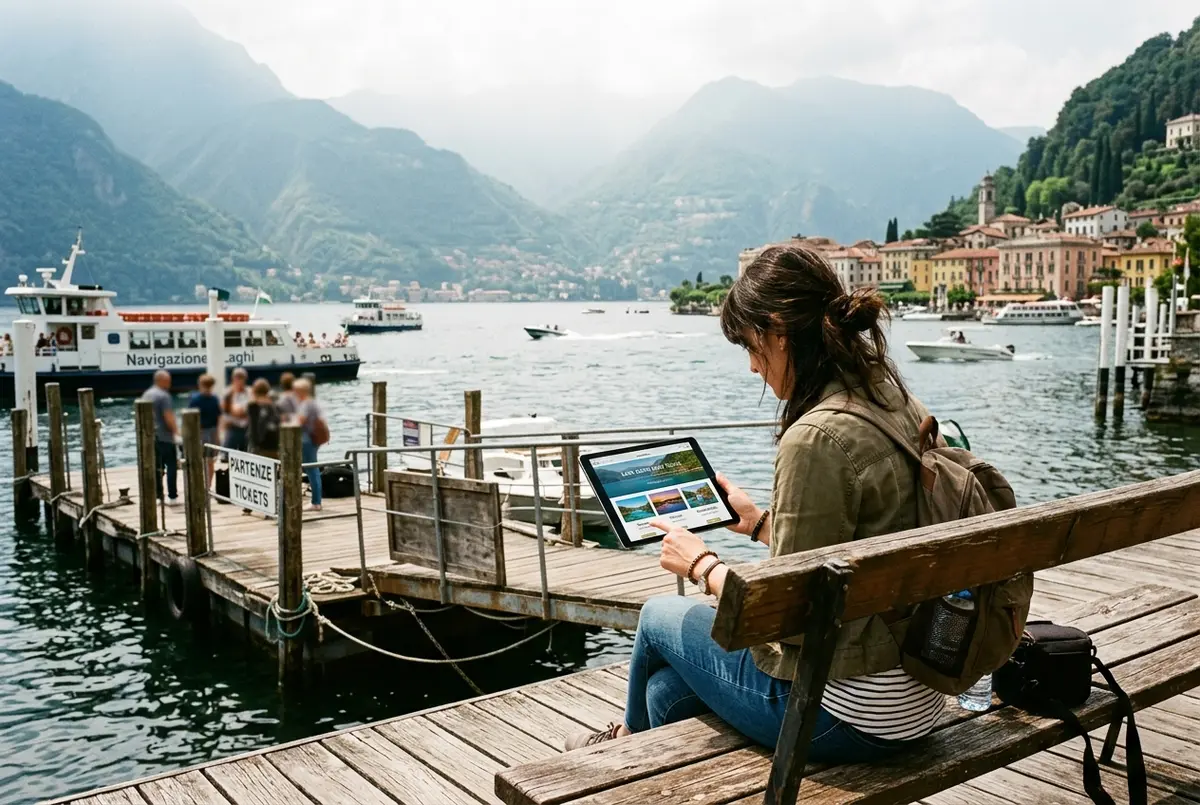 Traveler comparing lake como boat tour options on a tablet at a wooden pier in Como with the lake and misty mountains behind at midday