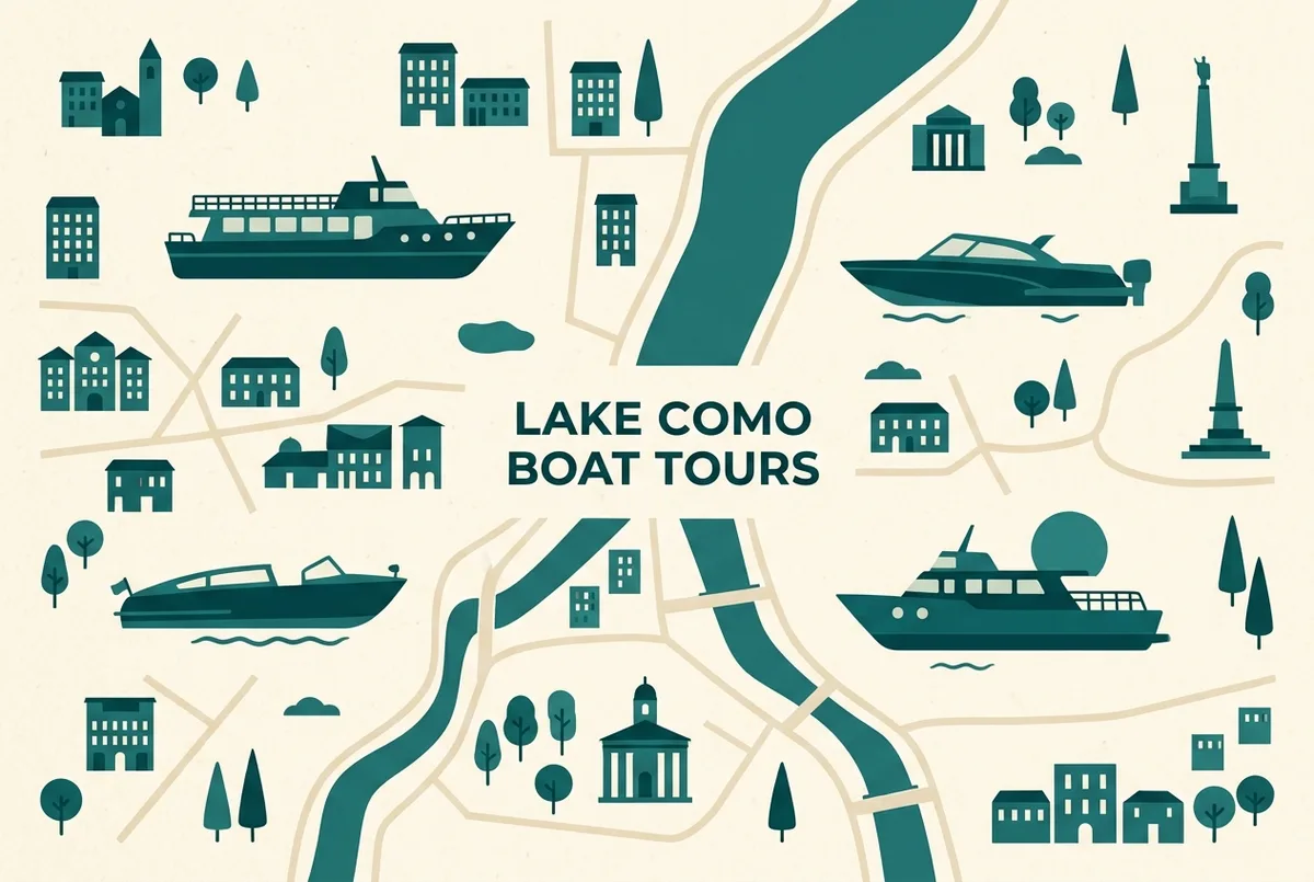 Infographic comparing four lake como boat tour styles, shared cruise, private charter, wooden classic boat and sunset cruise, with simple boat icons and generic labels only