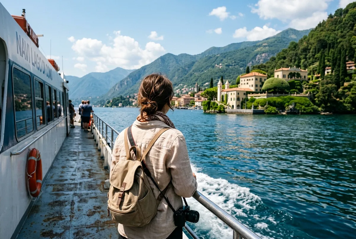 traveler watching lakeside villas pass by from the deck of a como to bellagio ferry hydrofoil on lake como at midday