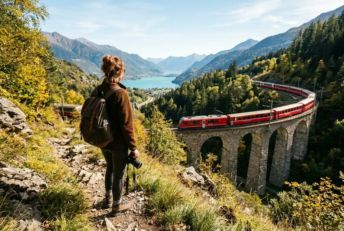 traveler watching the bernina express red train cross a stone viaduct in the swiss alps near lake como on a clear day