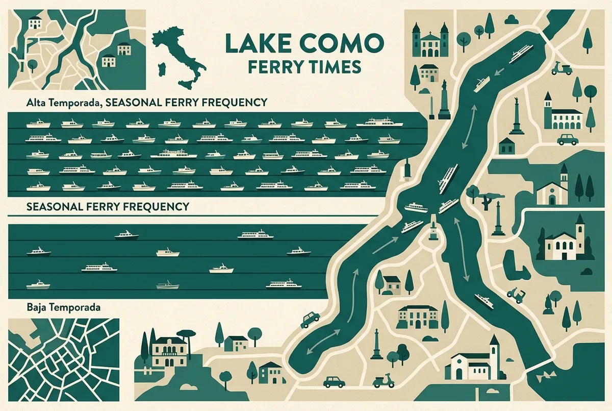Gráfico tipo infografía comparando la frecuencia de ferris en temporada alta y baja en el Lago de Como con iconos simples de barco y etiquetas genéricas, sin números