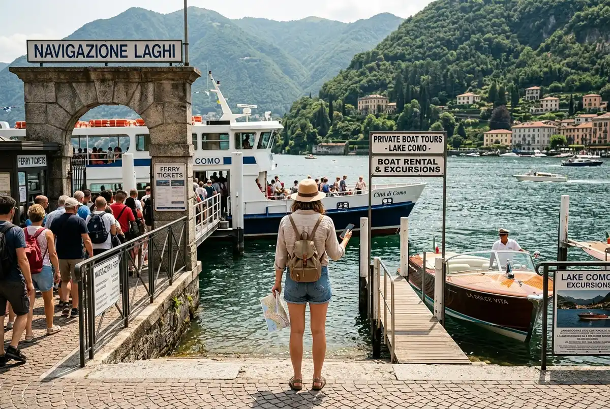 traveler weighing a lake como ferry vs boat tour decision while standing between a public ferry pier and a private boat tour dock at midday