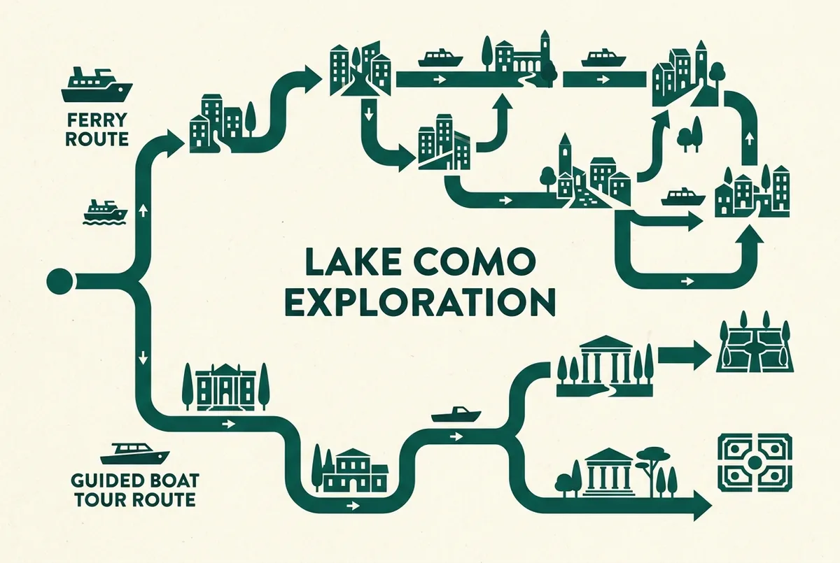 Decision-tree style infographic comparing a lake como ferry route against a guided boat tour route with simple boat icons and generic labels only, no prices