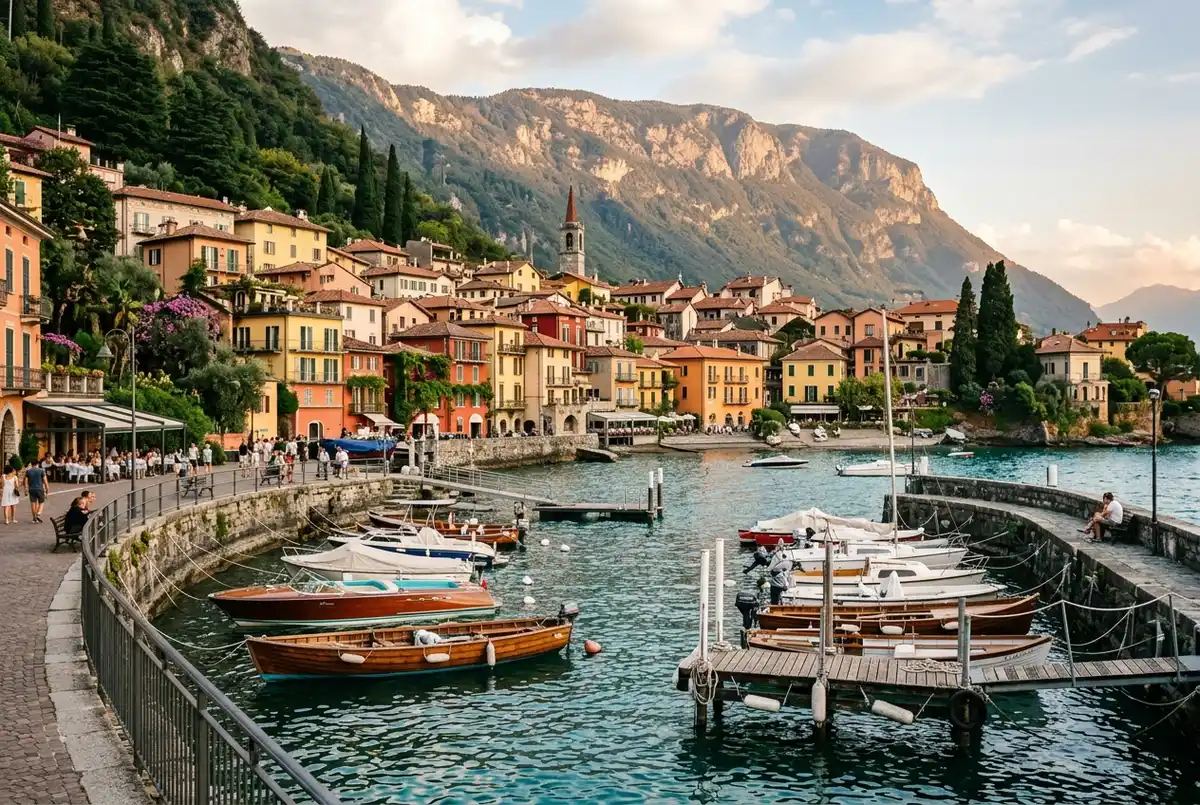 Boats moored along the Lake Como waterfront with pastel villas and mountains behind