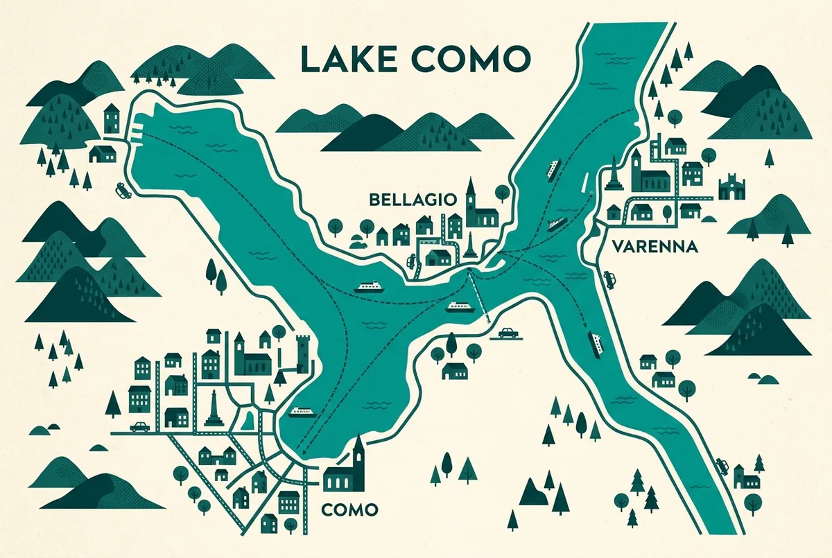 Map-style overview of Lake Como's main towns, Como, Bellagio and Varenna, connected by boat and ferry routes