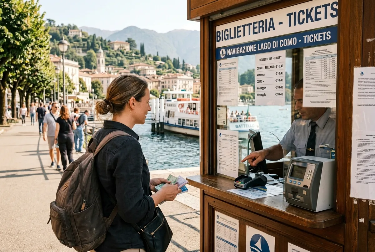 traveler calmly confirming a ferry ticket price at an official como kiosk in daylight, illustrating that lake como is safe for visitors who stay alert to common scams