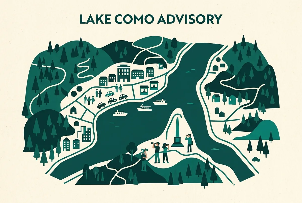 Simple infographic marking the three spots on lake como where tourists should be most alert: taxi ranks, ferry ticket booths and busy viewpoints, generic location labels only