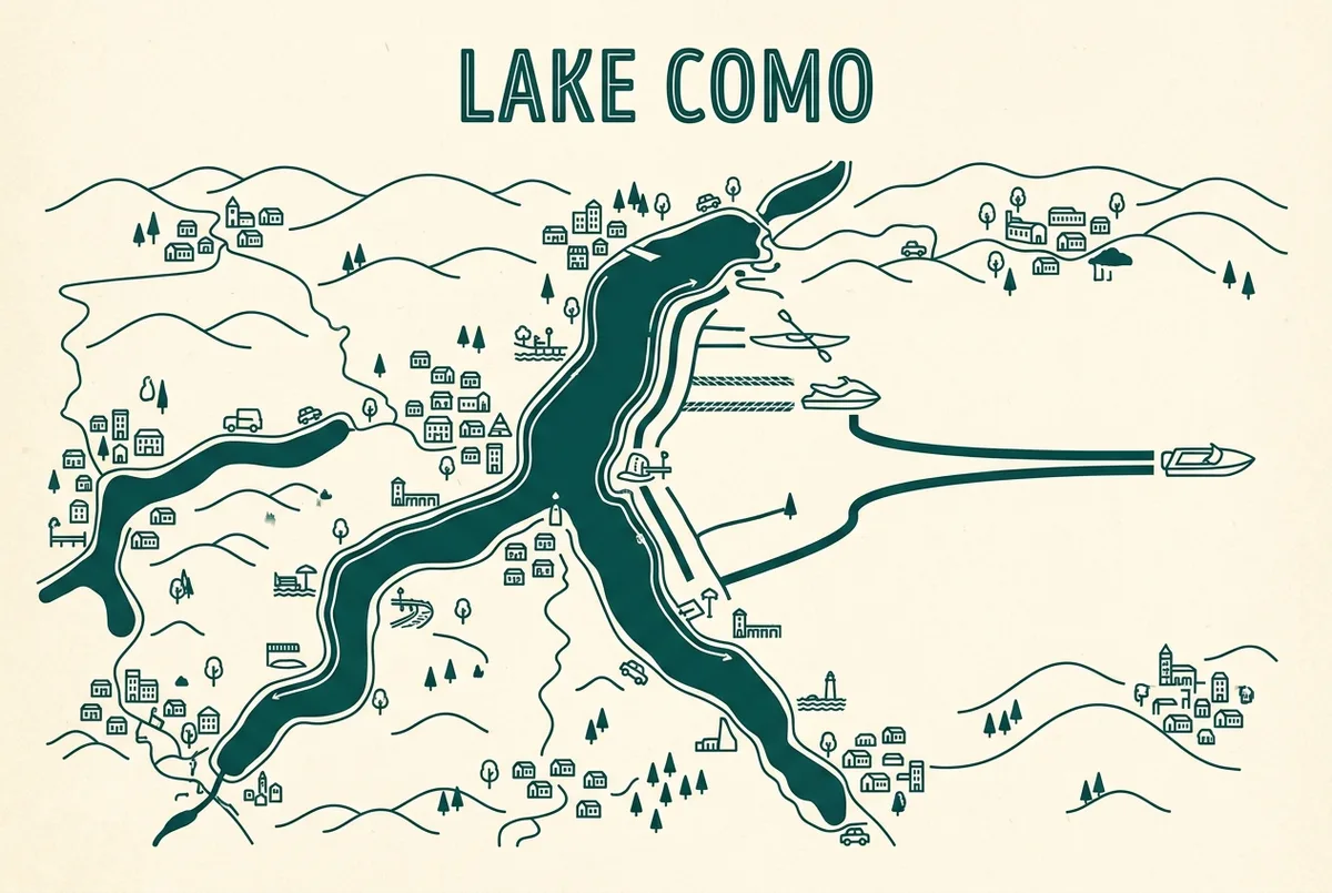 Comparison infographic showing the near-shore range of a kayak and a jet ski against the longer cross-lake range of a self-drive motorboat on lake como, generic icons and labels only