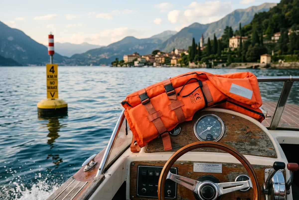 Close-up of a rental boat speedometer and life jacket on lake como with a quiet shoreline and no-wake buoy visible in the background