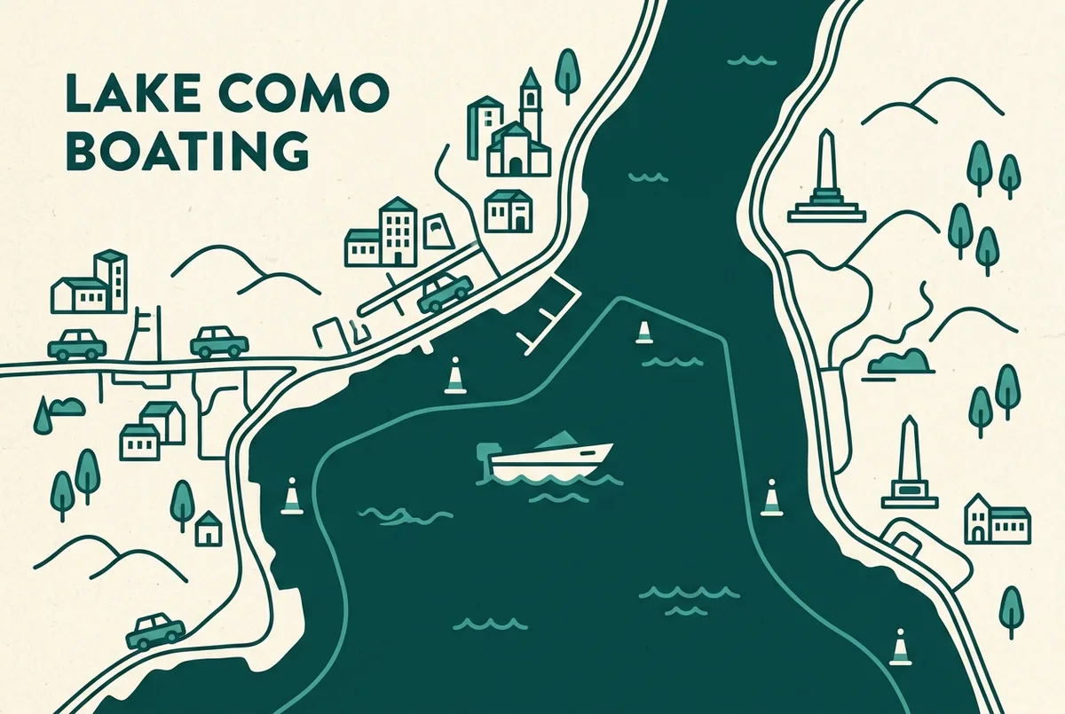 Simple infographic showing a no-license rental boat within a marked near-shore speed limit zone on lake como, with generic distance and buoy labels only