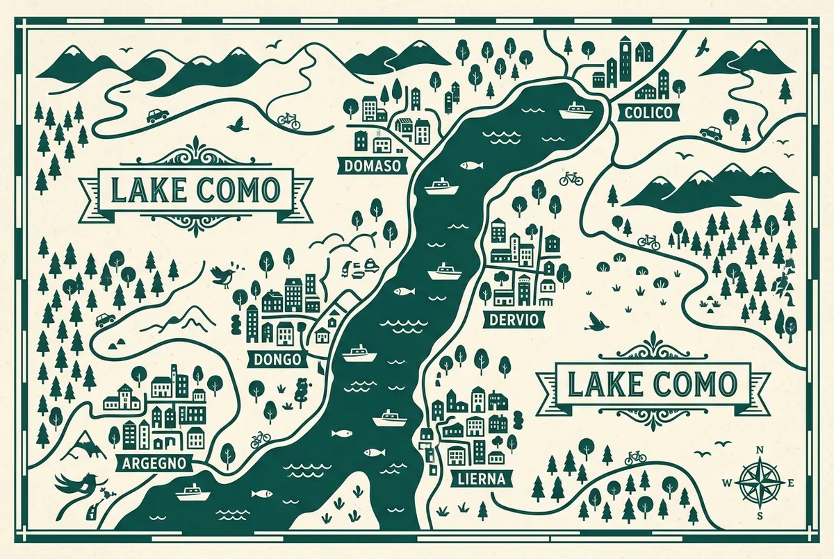 Mappa infografica dell'alto lago di como con i punti di noleggio barca a Colico, Domaso, Dervio, Dongo, Lierna e Argegno, con icone semplici di barca per ogni paese