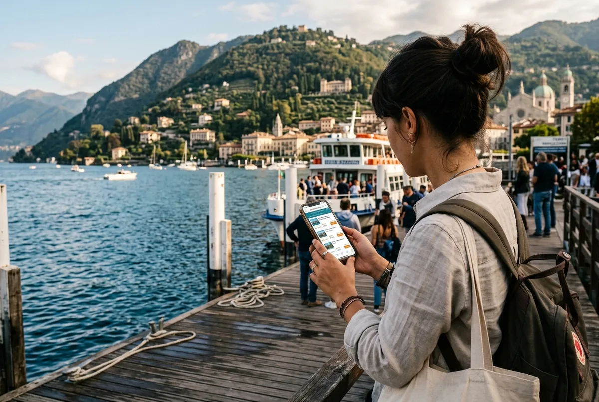 traveler checking lake como boat tour prices on a phone at a wooden pier in como with price-comparison icons visible on the screen