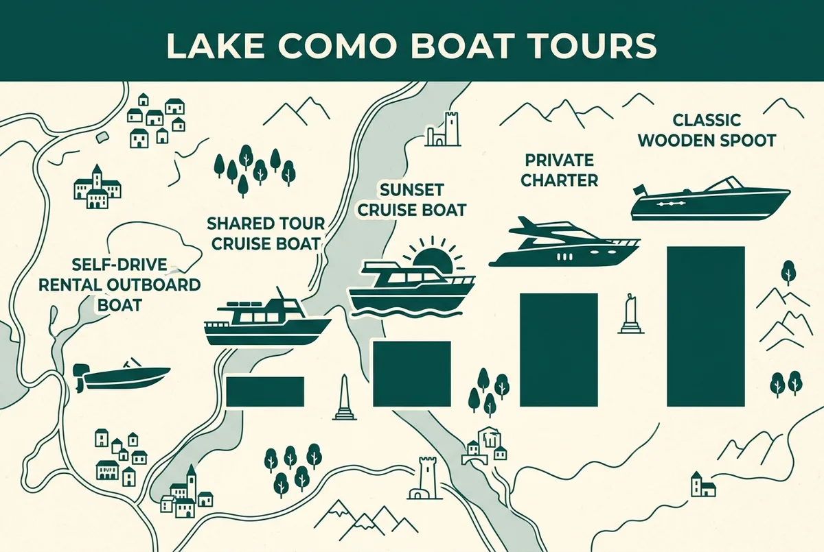 Price-comparison infographic for lake como boat tour prices showing five boat icons labeled self-drive rental, shared cruise, sunset cruise, private charter and wooden boat with ascending price bars, generic labels only