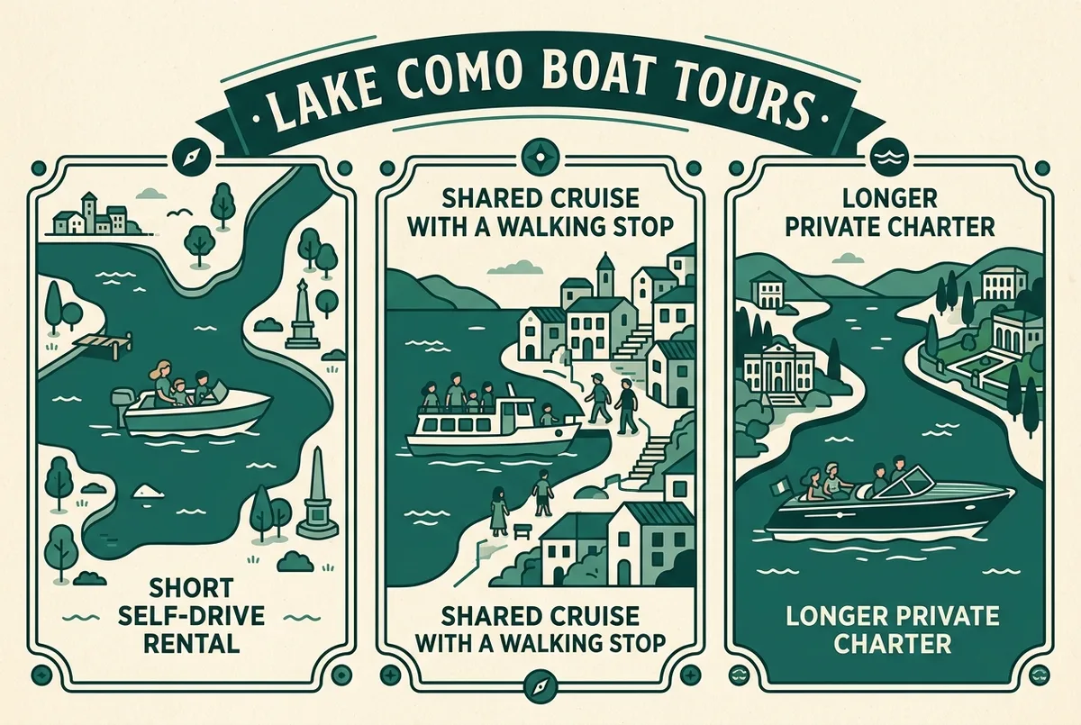 Infographic showing three lake como boat tour formats sized for different family ages, a short self-drive rental, a shared cruise with a walking stop and a longer private charter, generic icons and labels only
