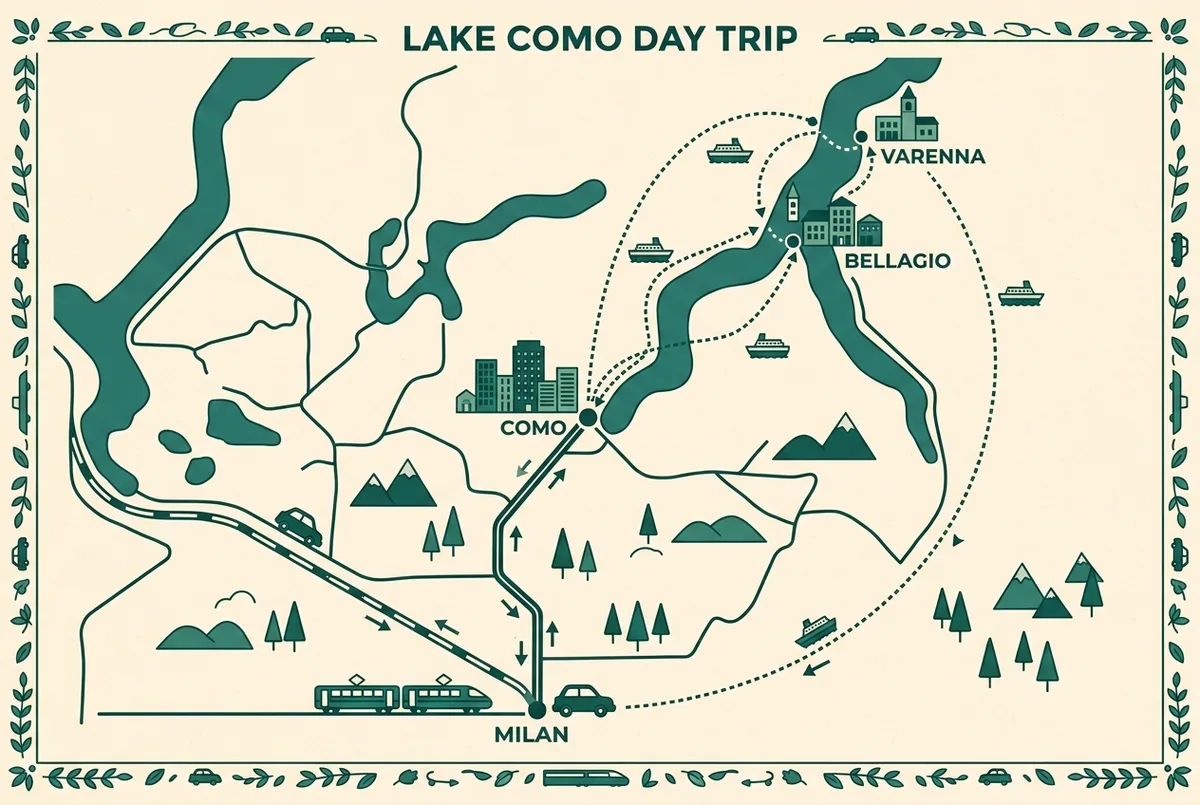 Simple route map infographic showing a day trip itinerary from milan to como, then a boat crossing to bellagio and varenna and back, with generic icons and no prices