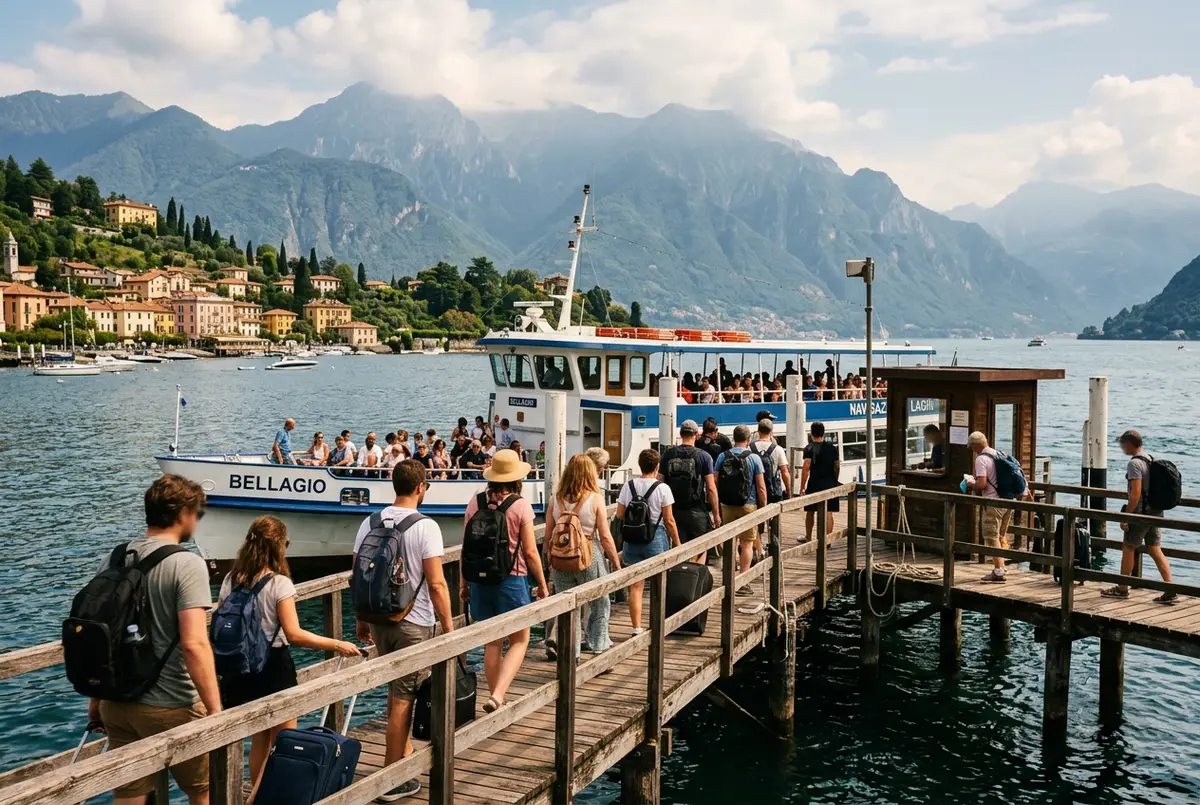 travelers boarding a lake como ferry at a wooden pier in bellagio with the lake and misty mountains behind them at midday