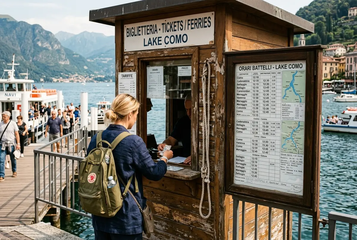 traveler buying lake como ferry tickets at a small wooden kiosk window on a lakeside pier with a posted timetable board beside them at midday