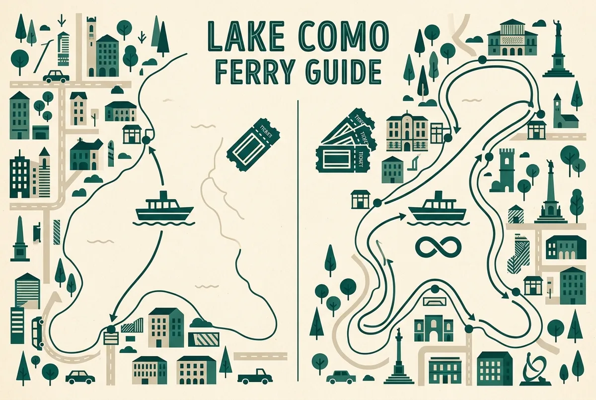 Infographic-style graphic comparing a single lake como ferry ticket against a day pass with simple boat and ticket icons and generic labels only, no numbers