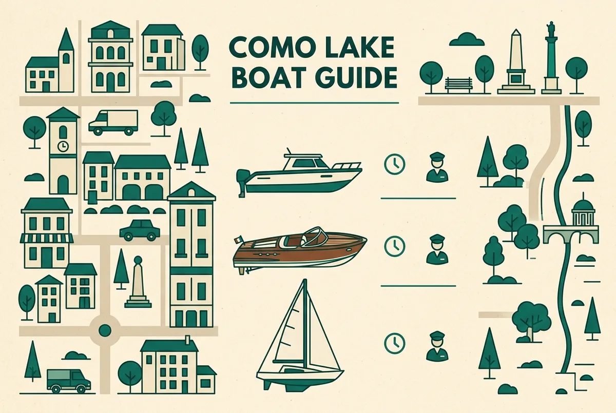 Vergleichsgrafik Bootstypen Comer See: Icons für Standard-Motorboot, Riva-Holzboot und Segelboot mit Stundenpreis und Skipper-Symbol
