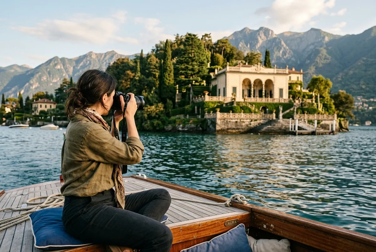traveler on a lake como star wars tour boat photographing villa del balbianello's terraced gardens from the water at midday