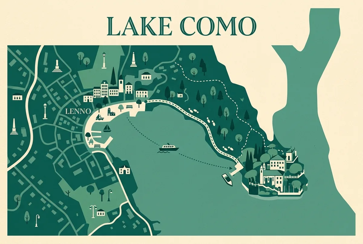 Map-style graphic of lake como showing the route from lenno to villa del balbianello with a boat icon on the water and a walking-path icon on land, generic place labels only