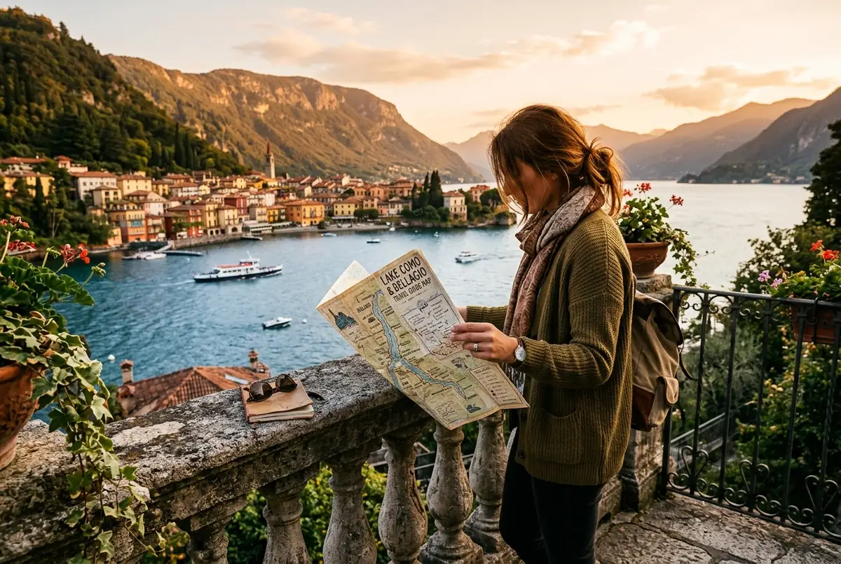 traveler studying a lake como travel guide map on a stone balcony overlooking bellagio and the lake at golden hour