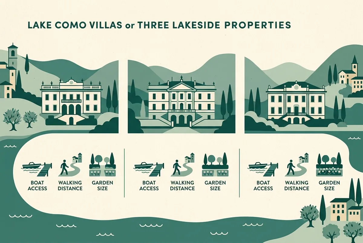 Simple comparison infographic showing three lake como villas side by side with icons for boat access, walking distance and garden size, generic labels, no prices