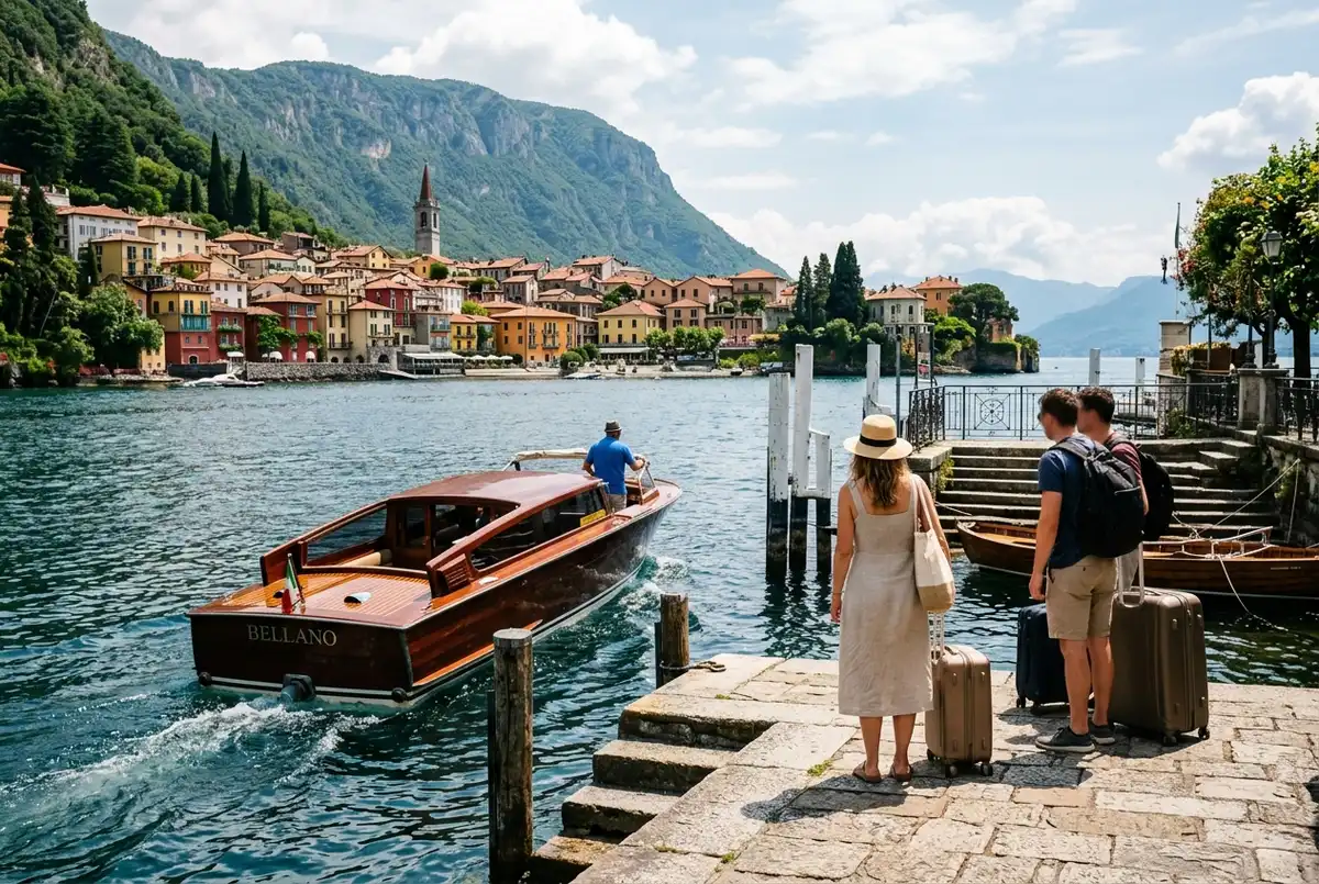 Private water taxi boat with a driver approaching a stone pier in Varenna on Lake Como at midday, passengers waiting with luggage