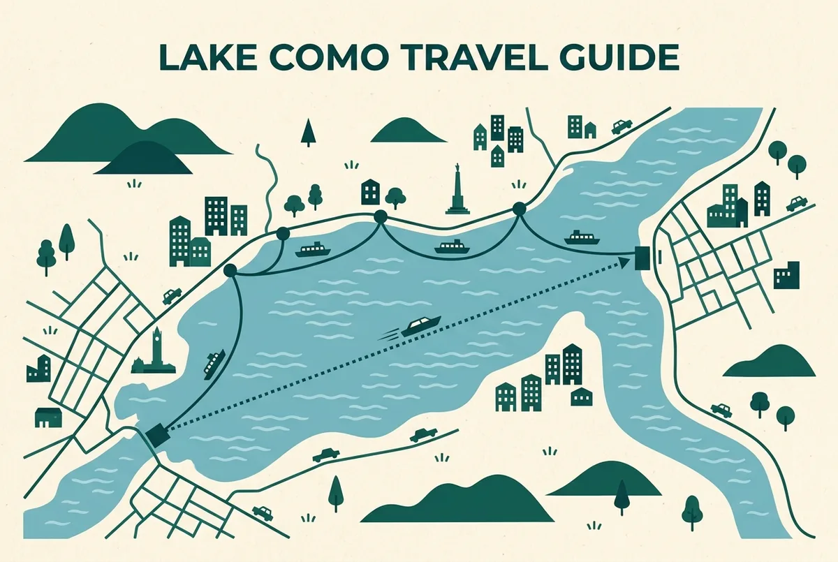Route map infographic comparing a fixed ferry stop pattern along lake como to a direct point to point water taxi line between two piers, generic labels only