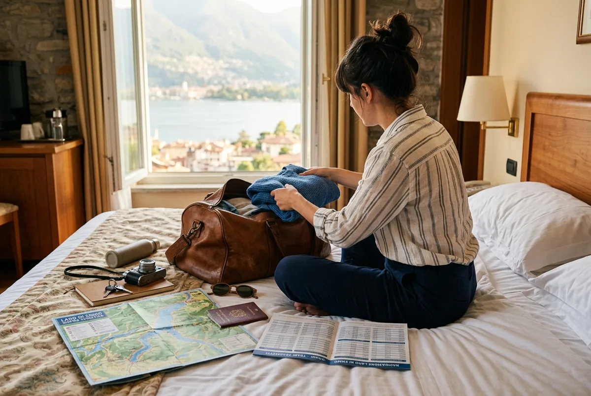 Traveler packing an overnight bag on a hotel bed in milan with a lake como map and ferry timetable spread out beside it