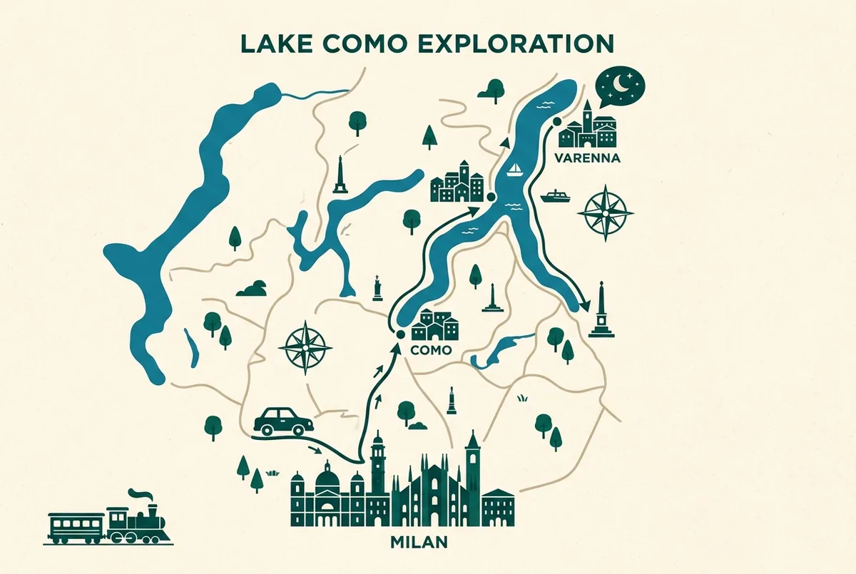 Simple map infographic showing a route from milan to the lake como towns of como, bellagio and varenna with an overnight icon marking one lake town, no prices