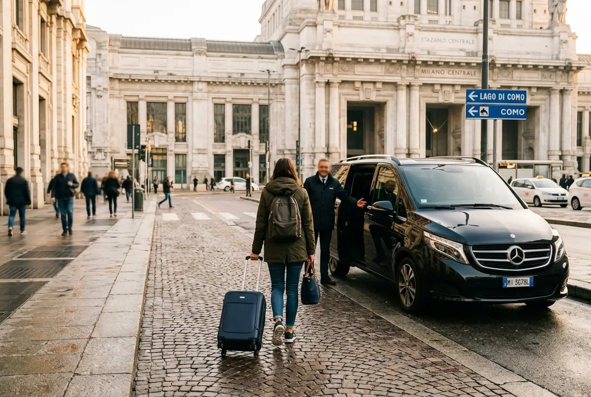 Traveler wheeling a suitcase toward a black private transfer car outside Milano Centrale station at early morning with a lake como transfer road sign visible