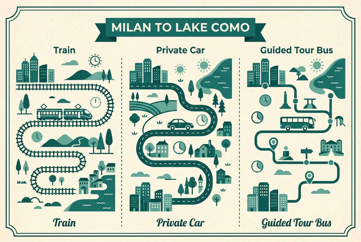 Simple infographic comparing three travel options from milan to lake como with a train icon, a private car icon and a guided tour bus icon, generic time labels, no prices