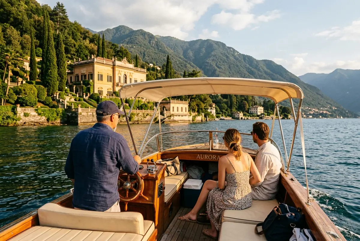 Small private boat tour on lake como with a captain steering past a lakeside villa in golden afternoon light, two travelers seated under a sunshade