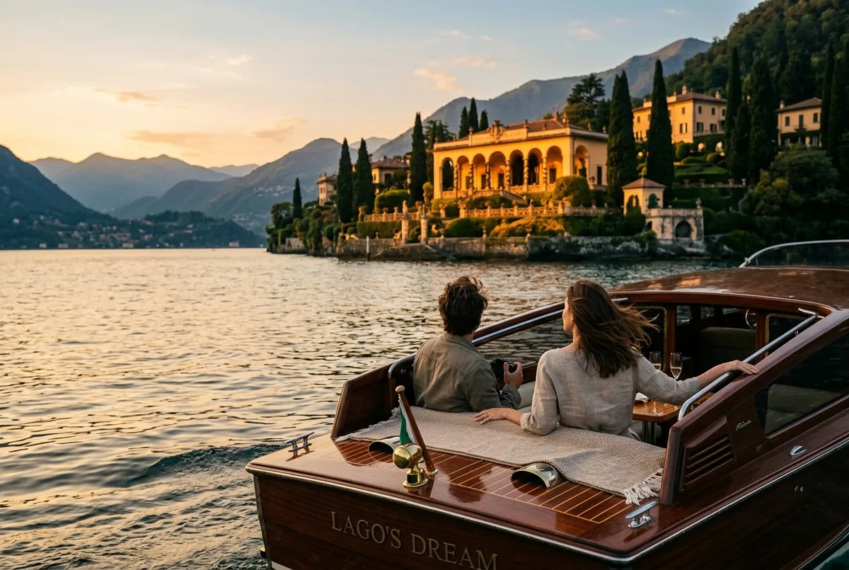 couple on a lake como sunset cruise boat watching golden light hit villa del balbianello from the water at dusk