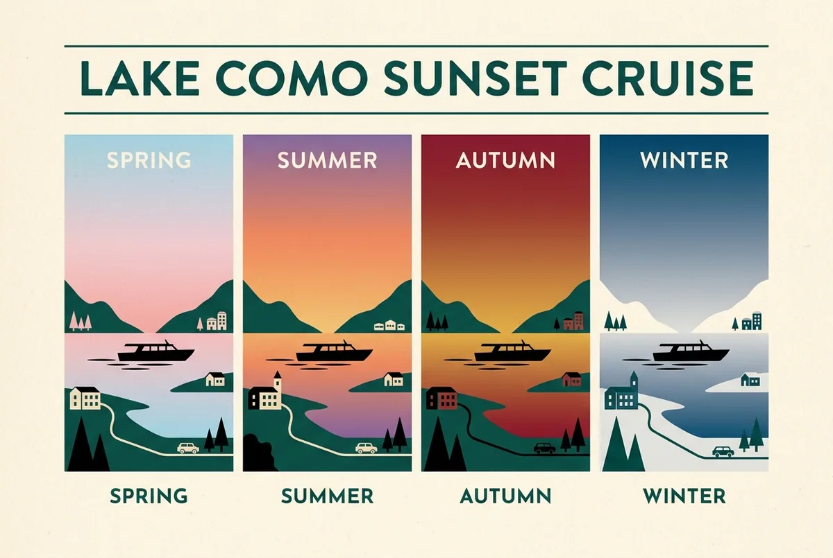 seasonal infographic for a lake como sunset cruise showing spring, summer, autumn and winter sky gradients behind a boat silhouette, generic season labels only