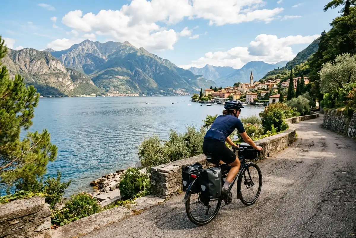 traveler cycling a lakeside path near varenna on a lake como bike tour with the water and mountains behind them at midday