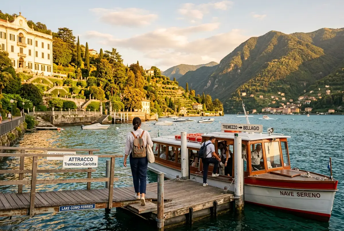 traveler stepping off a ferry from tremezzo to bellagio route at a small lakeside pier near villa carlotta with terraced gardens and lake como hills behind them at golden hour